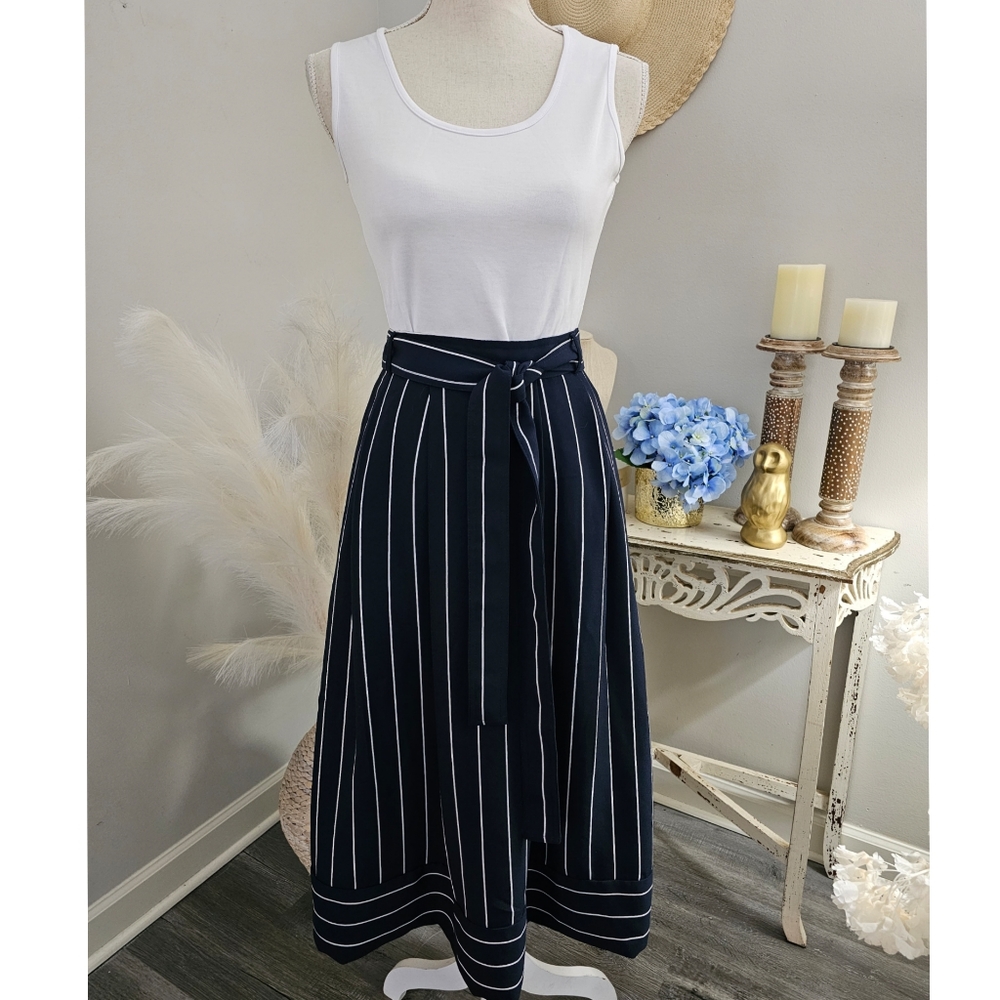 Size 12 Banana Republic Navy Blue White Striped Waist Tie Pleated Midi Skirt